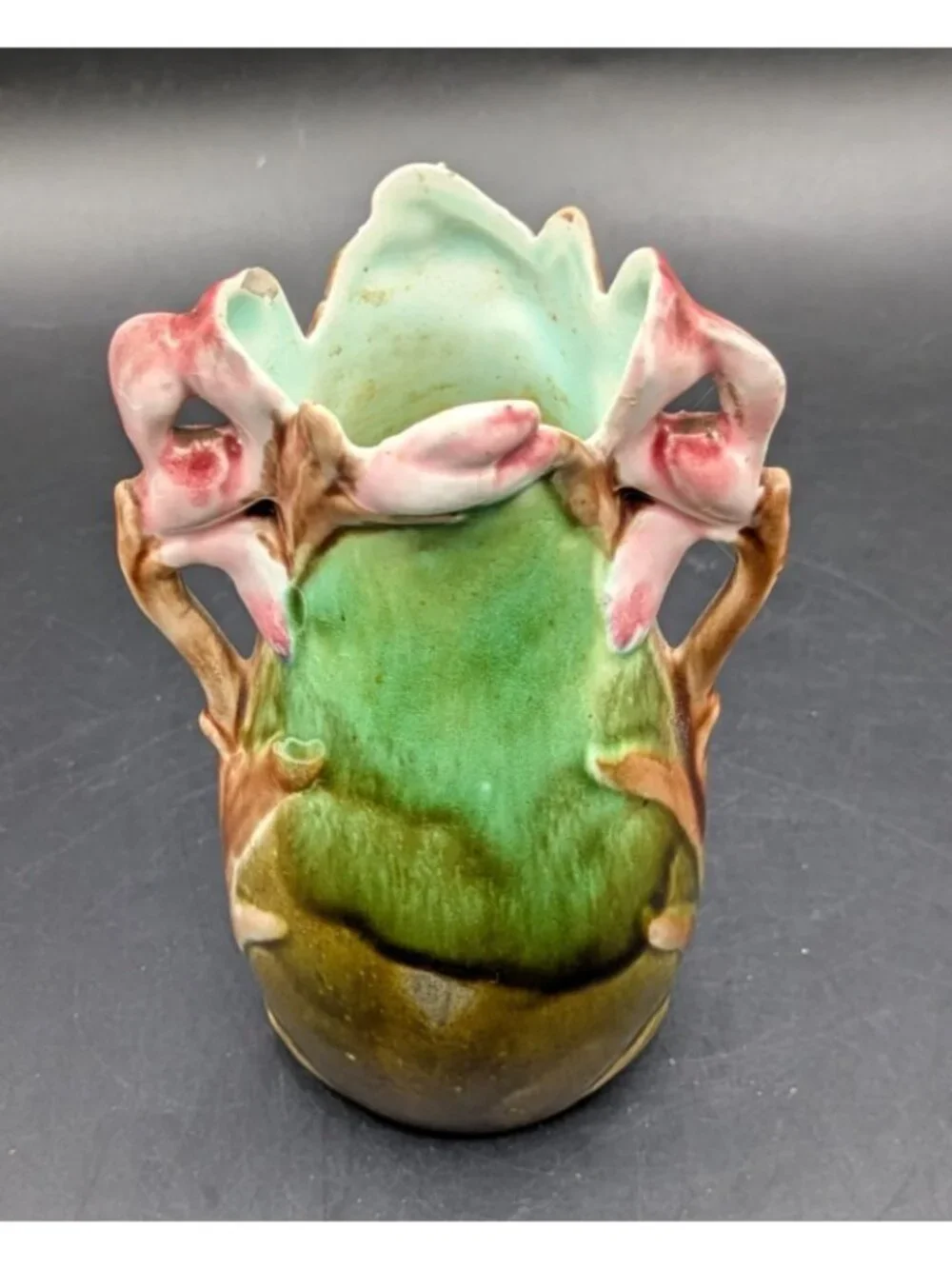 Antique Art Nouveau French Majolica Barbotine Naturalistic Floral Vase 5.5”